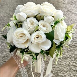 White Rose Bouquet wedding reception boho rustic silk flower bride bridesmaid